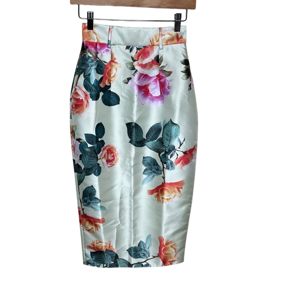 NWT Asos Lux Floral Print Satin Midi Pencil Skirt size 0 White/Pink